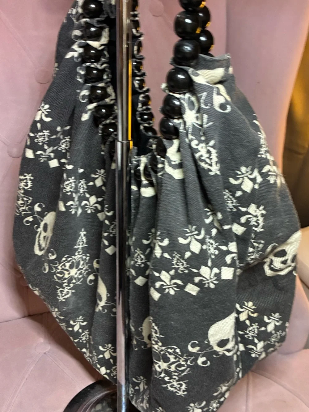 Black Skull-Print Beaded Handle Tote Bag - Edgy/Boho